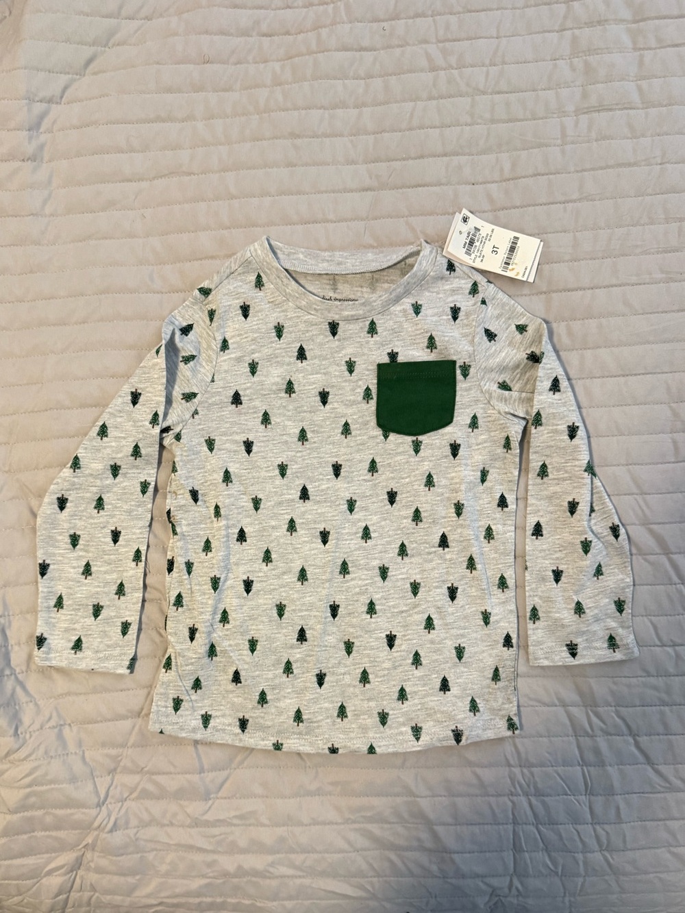 Kids Long-Sleeve Grey Tee with Green Tree Print and Green Pocket